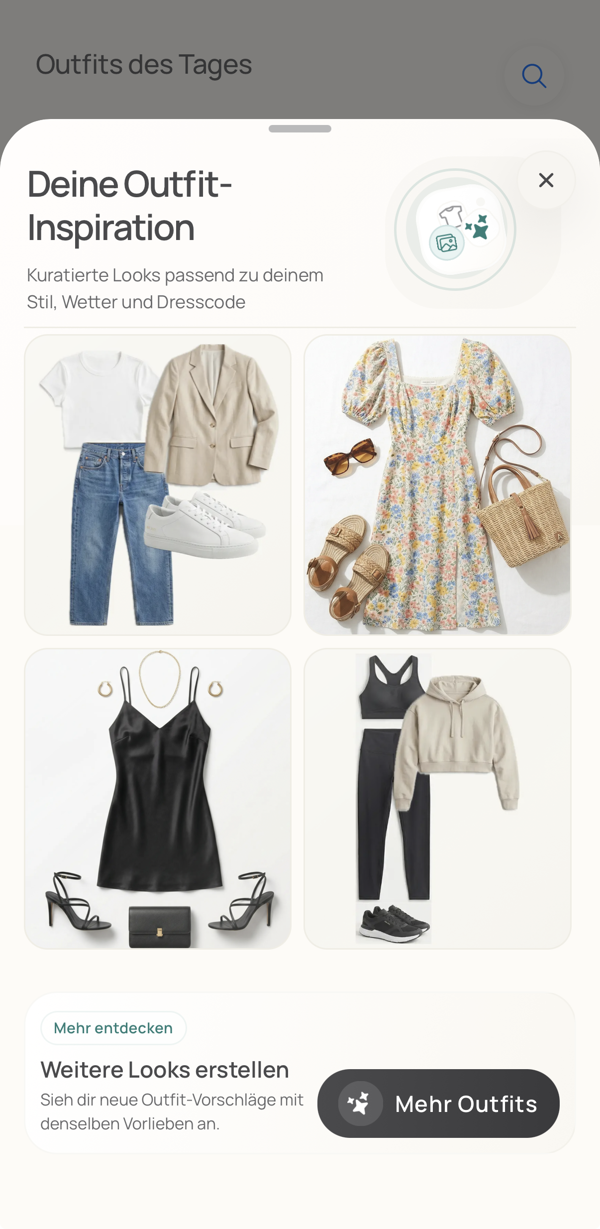 Outfit suggestions modal showing AI-recommended outfits based on weather and dress code
