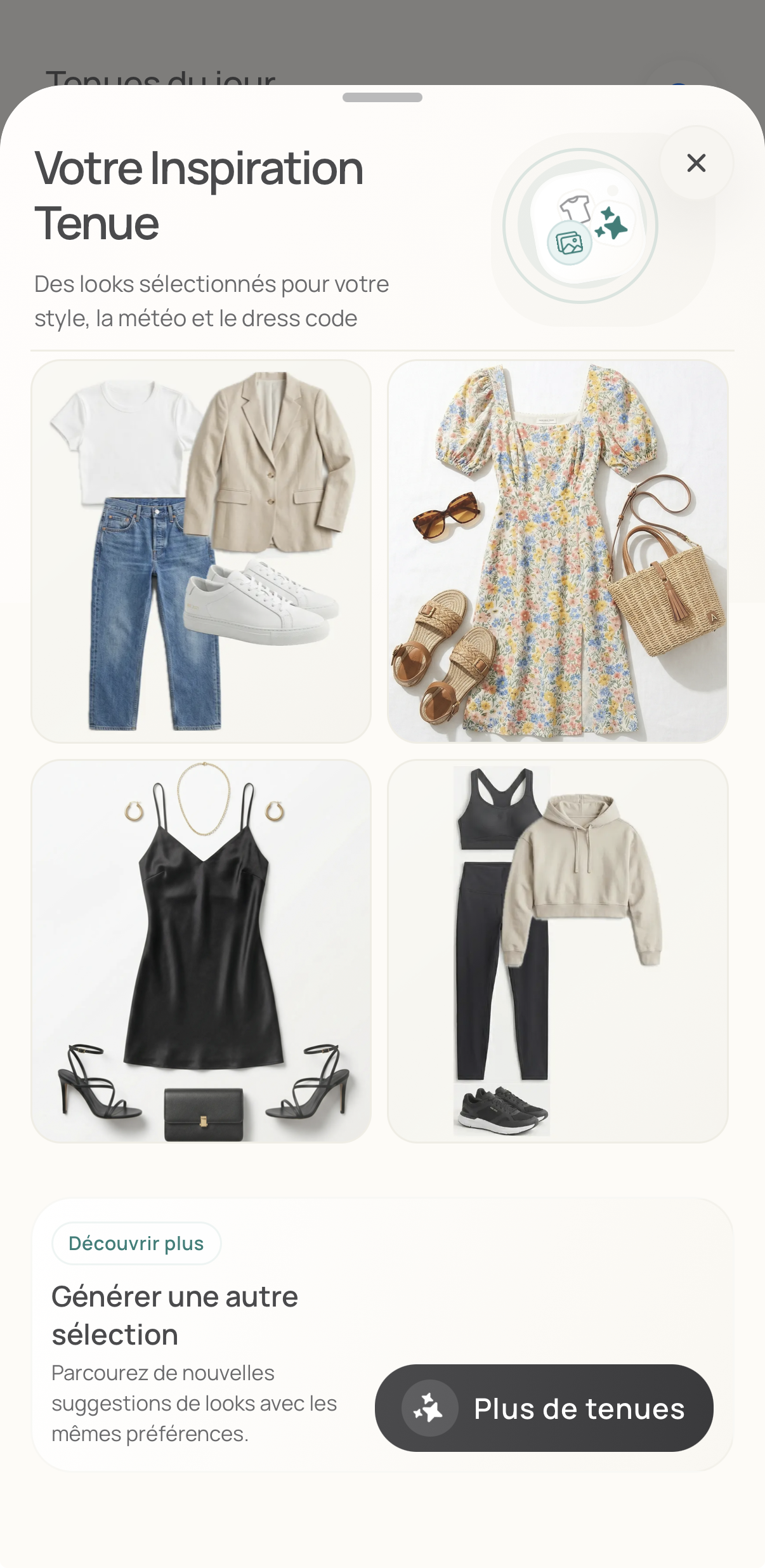 Outfit suggestions modal showing AI-recommended outfits based on weather and dress code