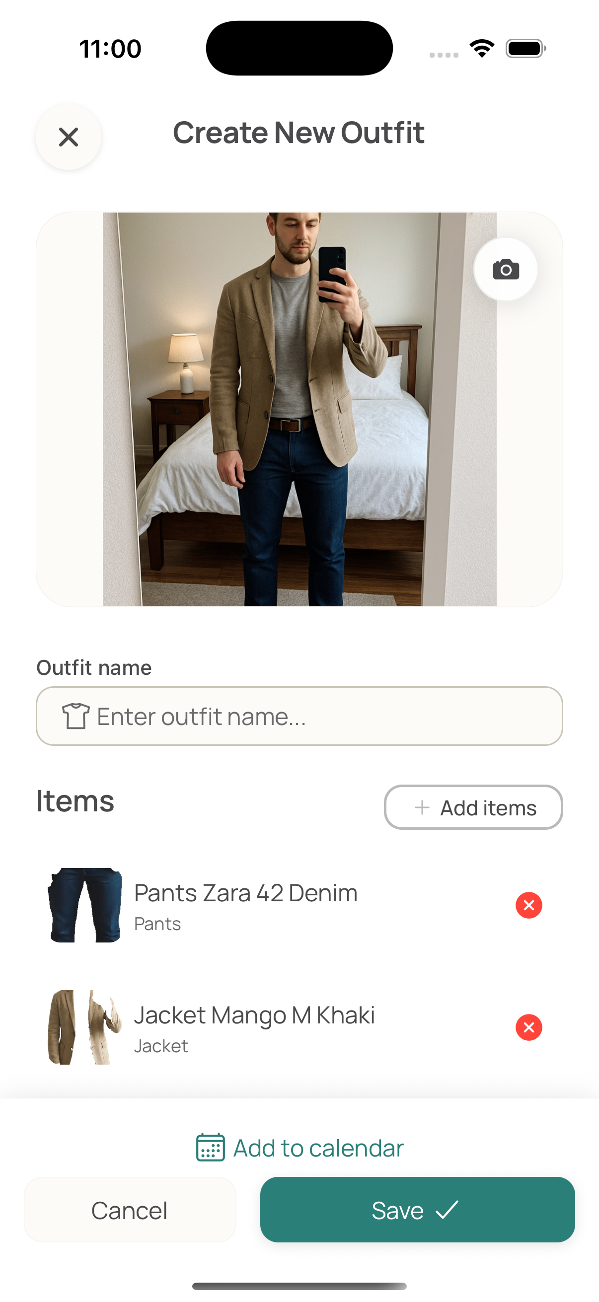 Outfit creation screen with clothing items detected by AI