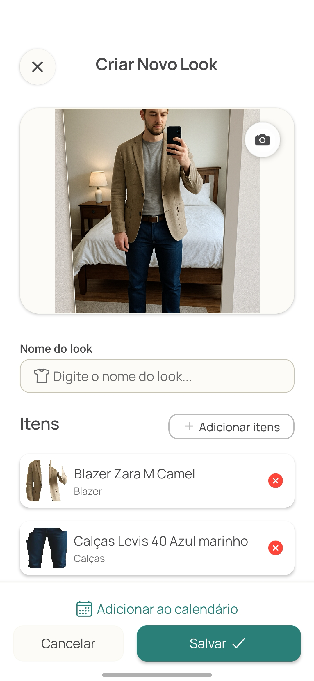 Outfit creation screen with clothing items detected by AI