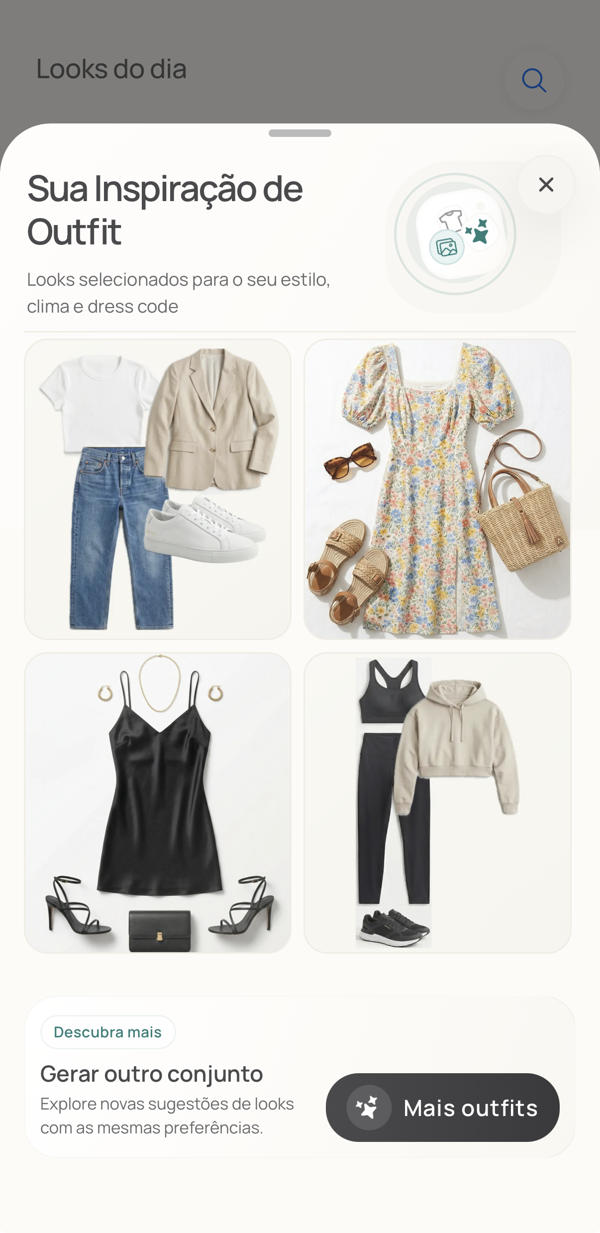 Outfit suggestions modal showing AI-recommended outfits based on weather and dress code
