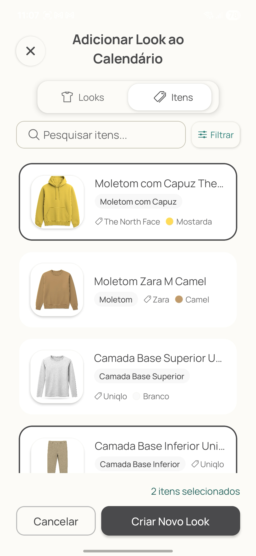 Wardrobe selection screen showing clothing items