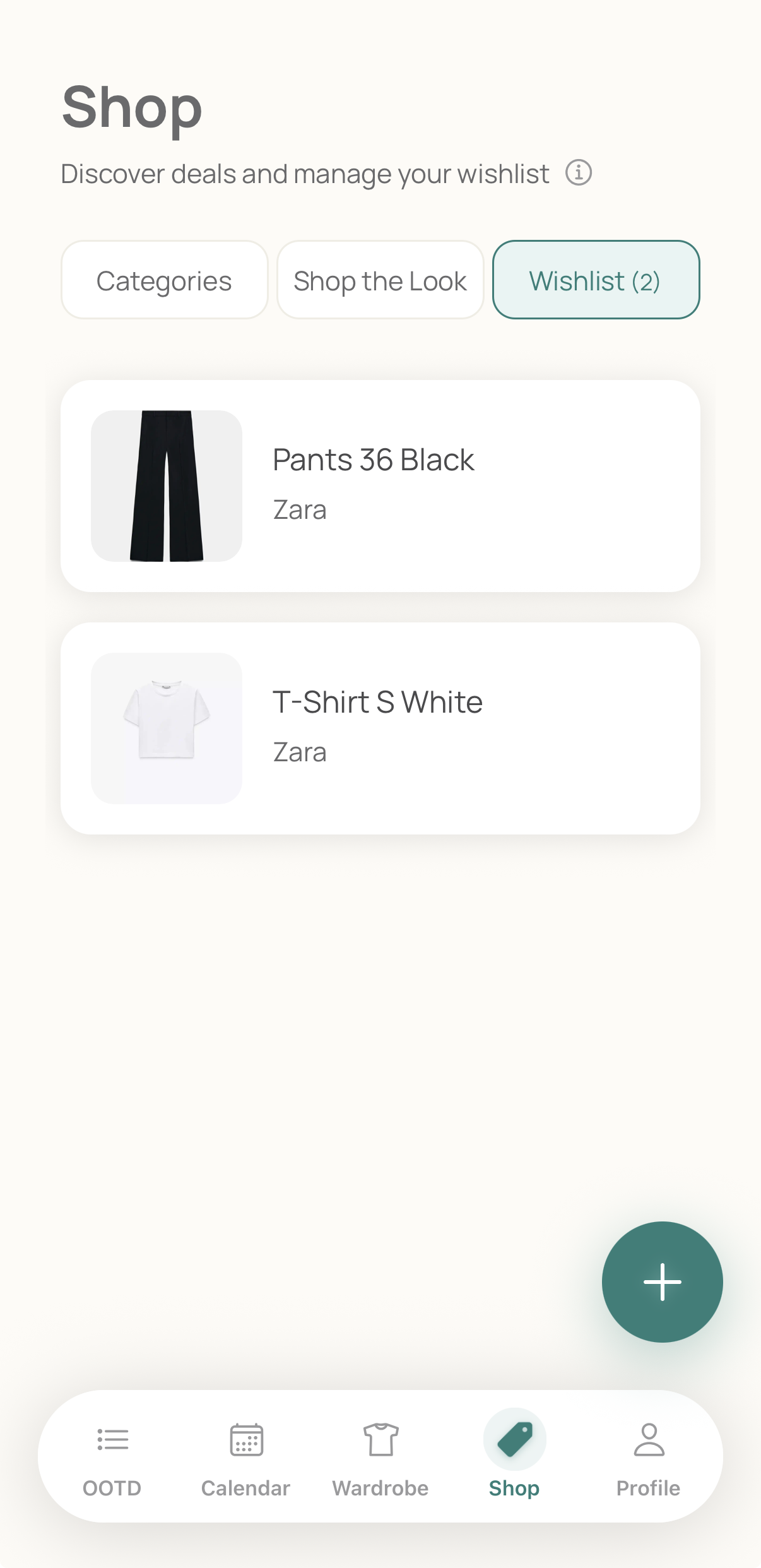 Shop screen showing deals that match your wardrobe