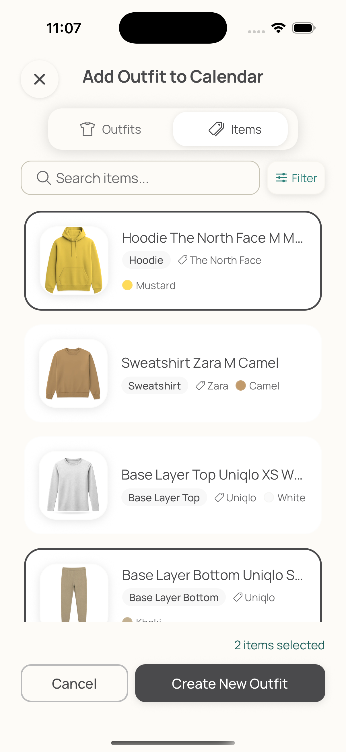 Wardrobe selection screen showing clothing items