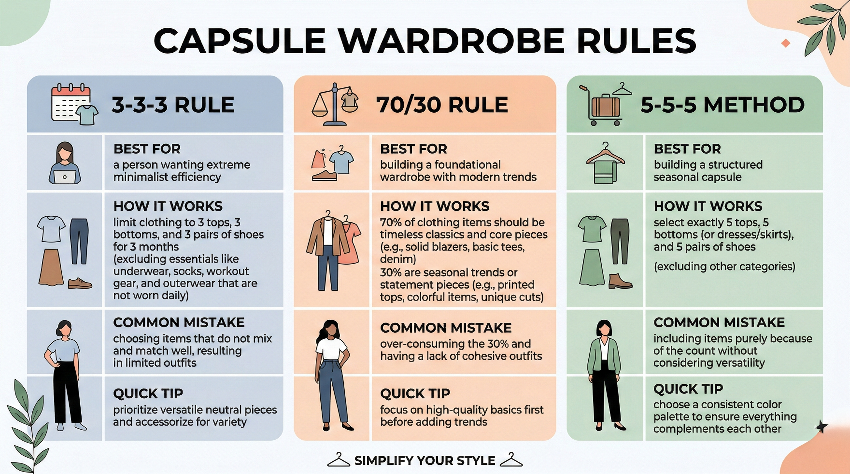 Capsule wardrobe rules cheat sheet comparing 3-3-3, 70/30, and 5-5-5