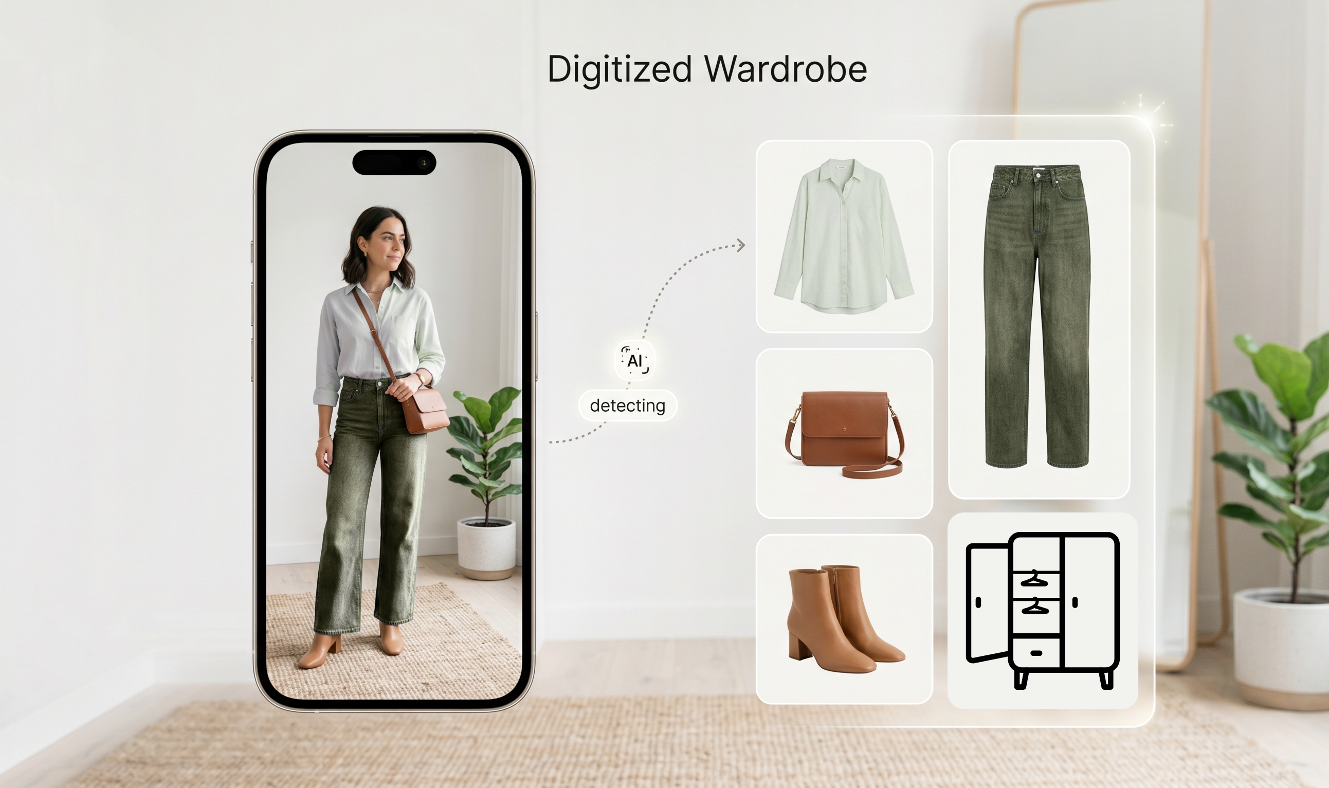 AI wardrobe app detecting an outfit photo and separating it into individual clothing items