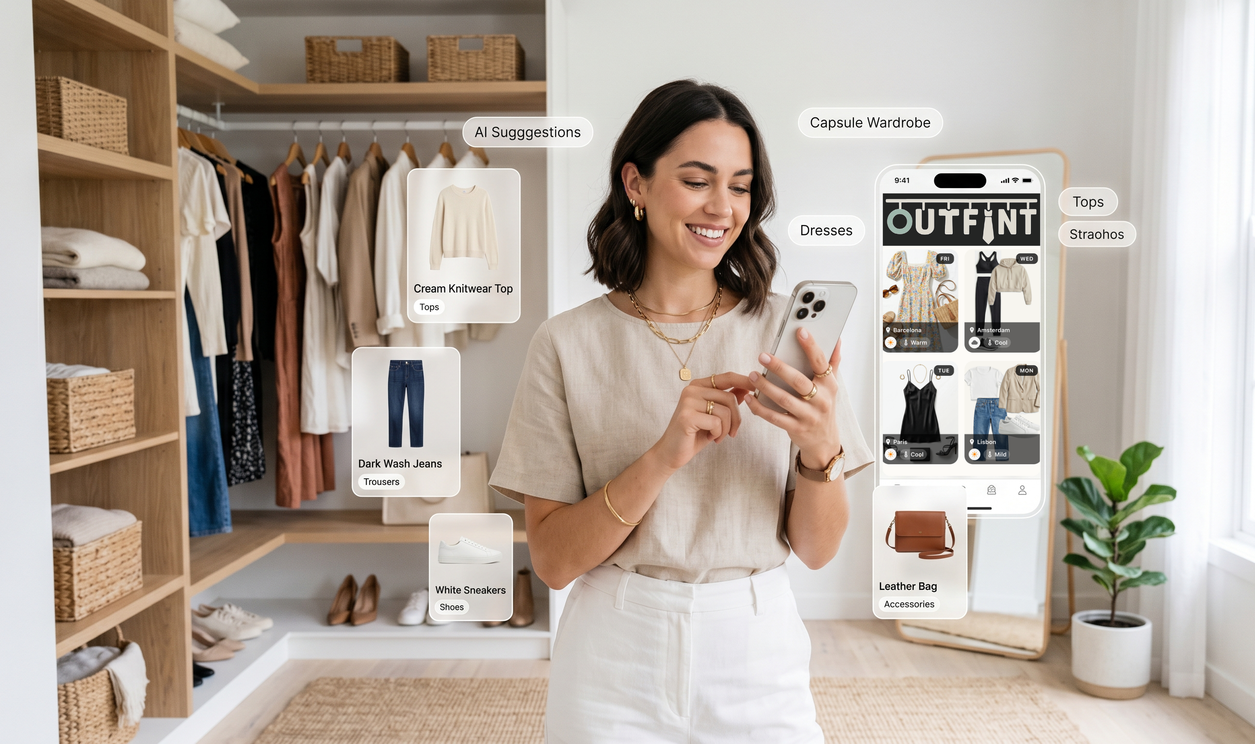 Woman using a digital wardrobe app in a tidy closet with AI-suggested clothing items and outfit planning on screen