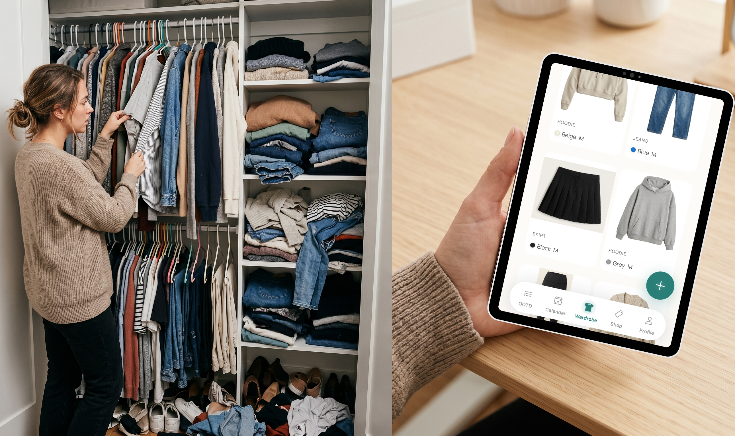 Closet wardrobe comparison showing a physical wardrobe beside a digital wardrobe organiser on a tablet
