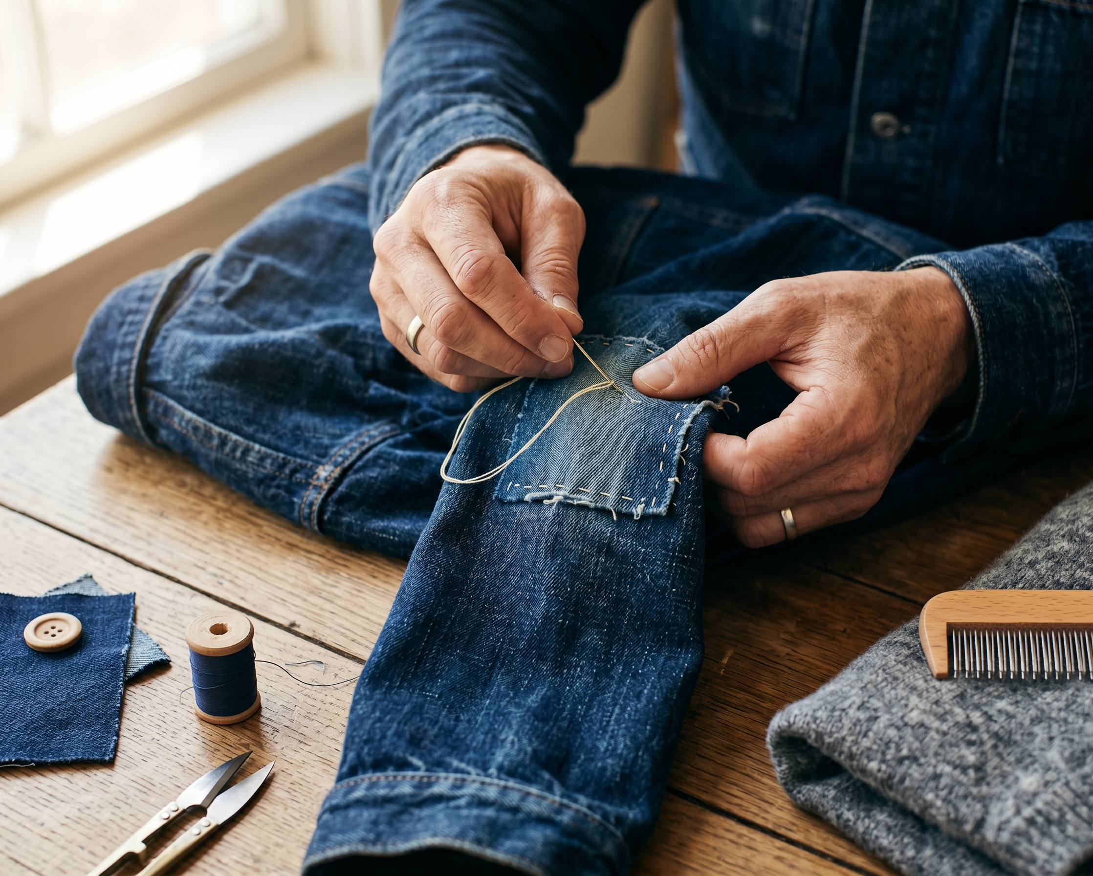 Hands repairing clothing with thread, denim patches, and garment care tools