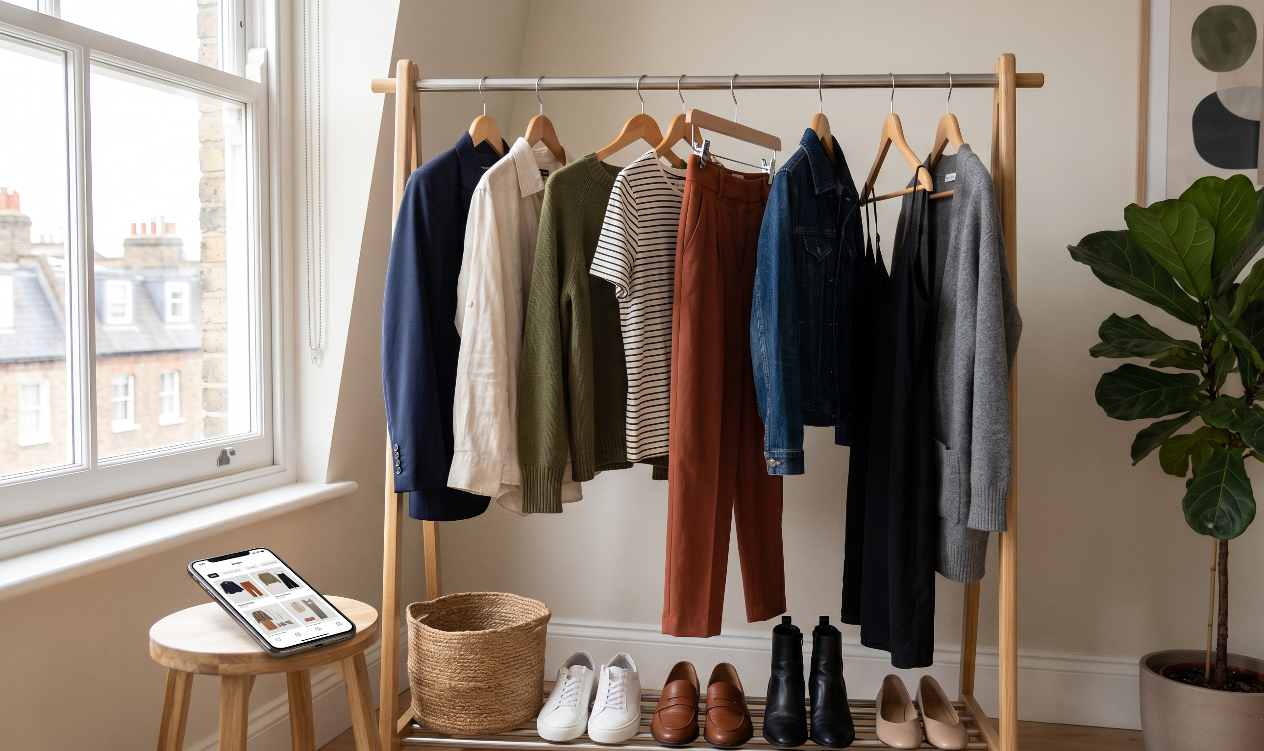 Sustainable fashion reuse examples with a capsule wardrobe rail and outfit planning on a phone