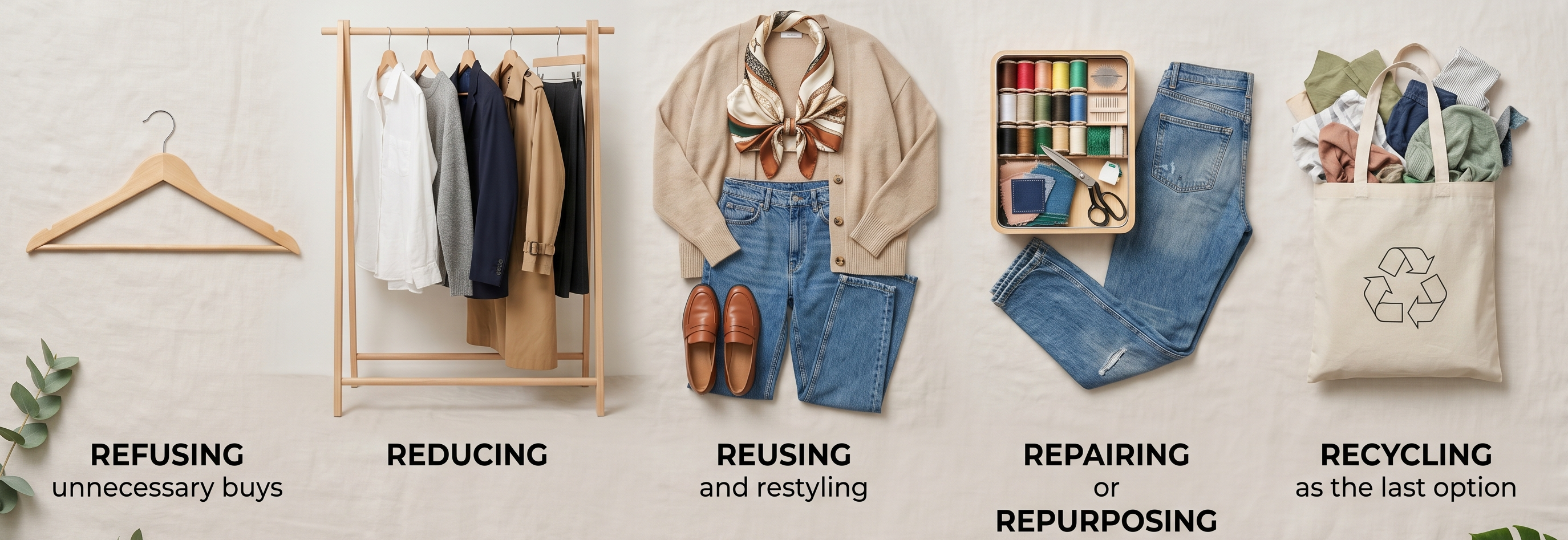 Sustainable fashion wardrobe with a digital outfit planner and repaired clothing pieces